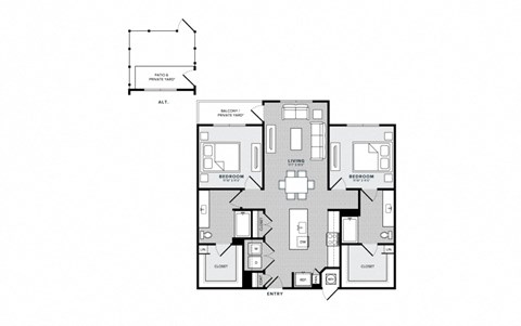 Floor plan for 2 beds, 2 baths, 1191 sqft